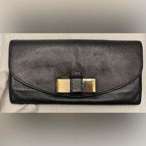 Chloe Authentic Vintage Black Long Wallet with Gold Tone Bow